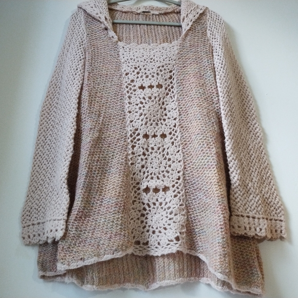 Free People Soft Open Knit Crochet Hooded Sweater Size XS - Picture 4 of 7